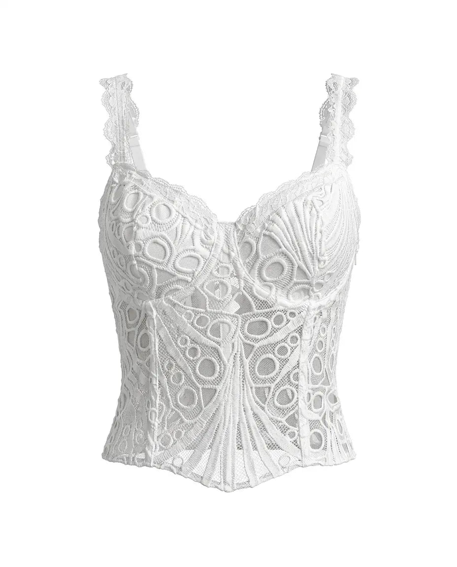 SOLACE  White Lace Spaghetti Strap Embroidered Corset Crop Top 