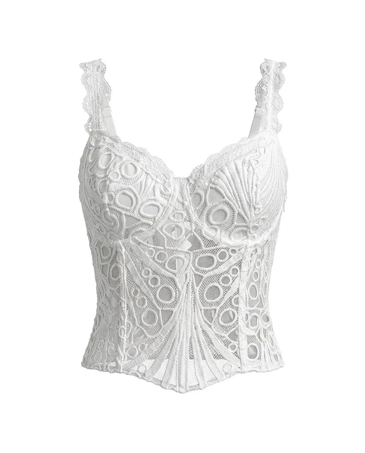 SOLACE  White Lace Spaghetti Strap Embroidered Corset Crop Top 