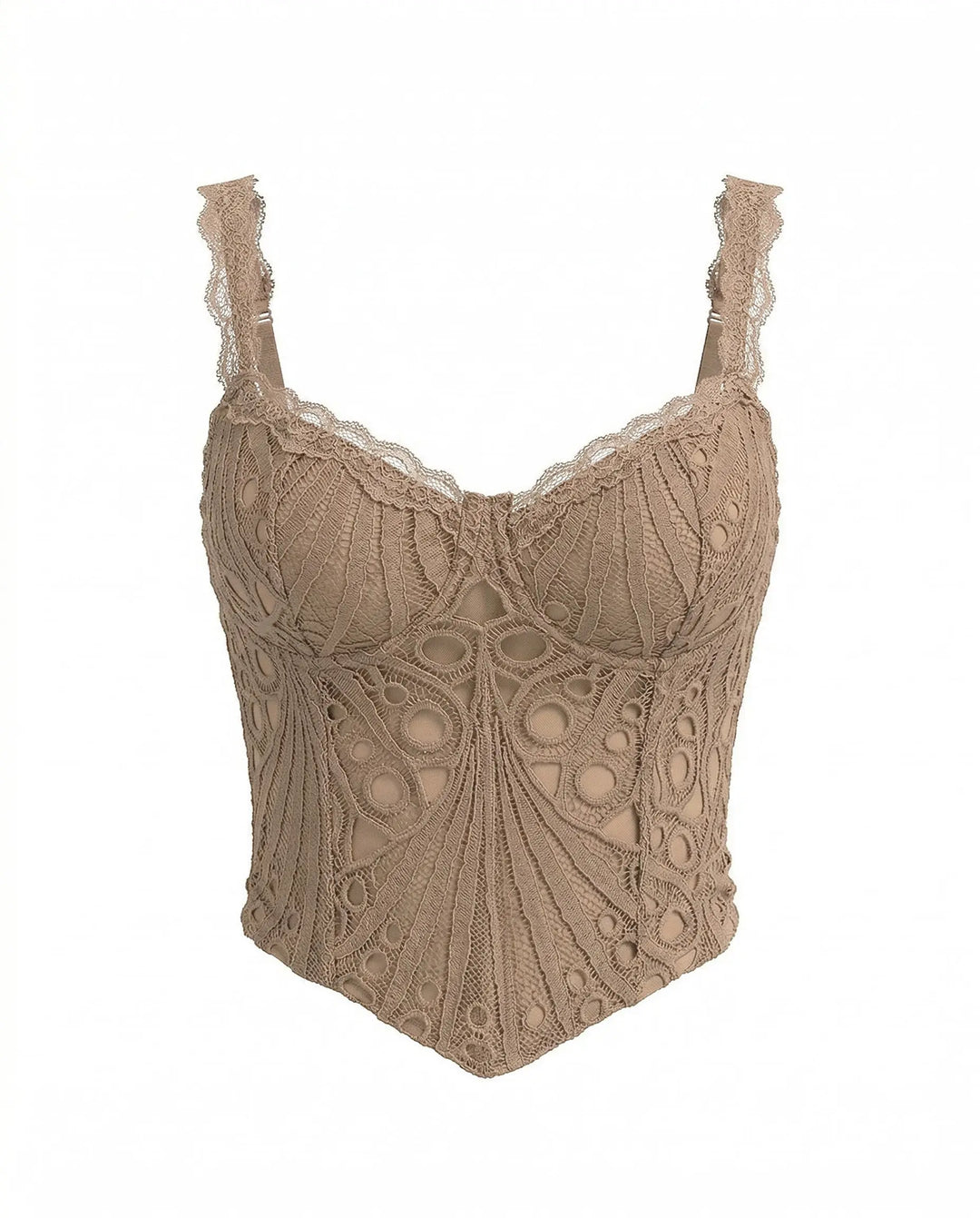 SOLACE  Mocha Brown Vintage Lace Spaghetti Strap Embroidered Corset Crop Top 