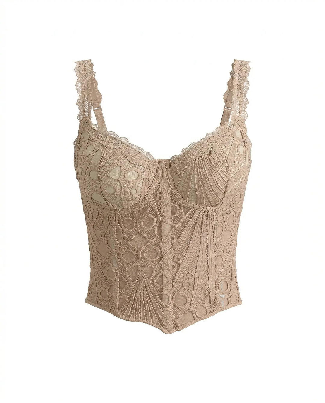 SOLACE  Nude Beige Lace Spaghetti Strap Embroidered Corset Crop Top 