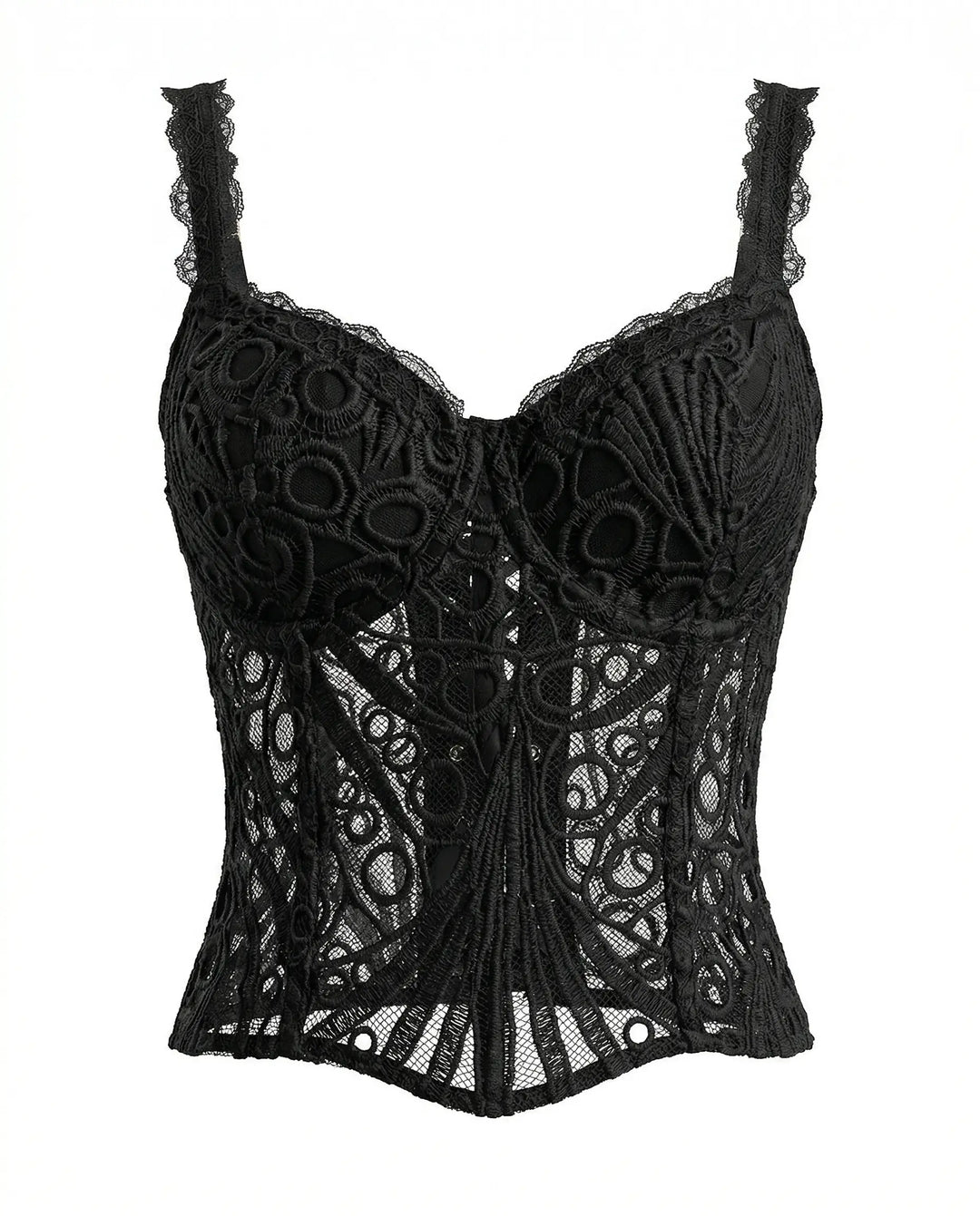 SOLACE  Black Lace Spaghetti Strap Embroidered Corset Crop Top 