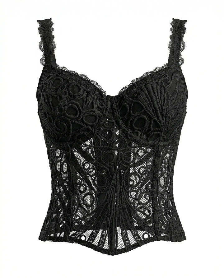 SOLACE  Black Lace Spaghetti Strap Embroidered Corset Crop Top 