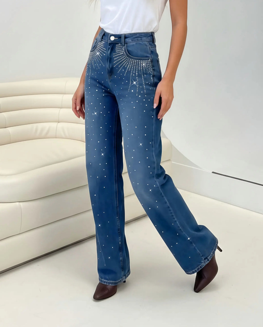 SOLACE  Blue Rhinestone High Waist Straight Leg Long Jeans 