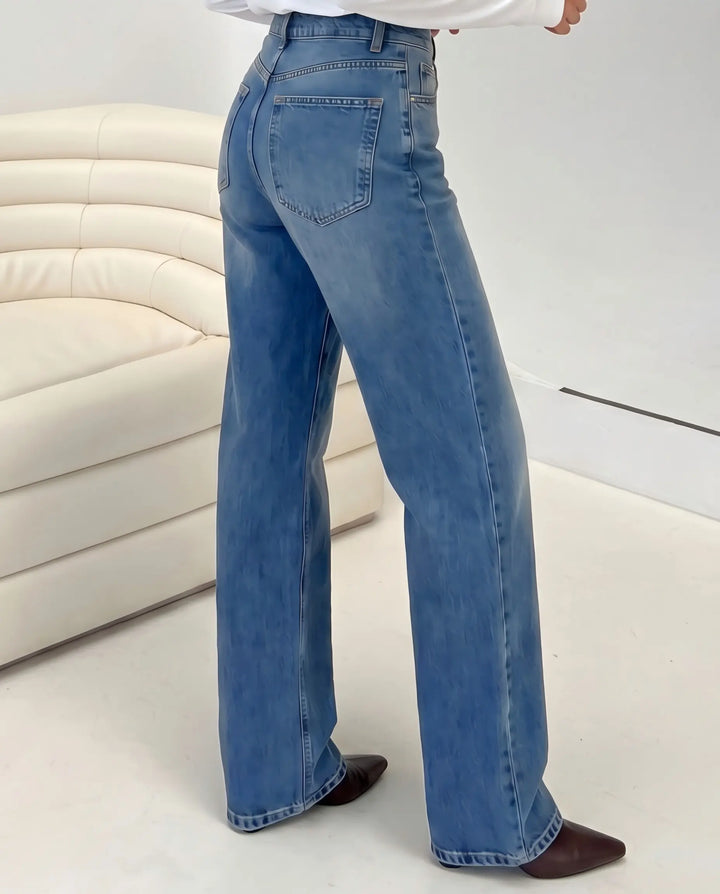 SOLACE  Blue Rhinestone High Waist Straight Leg Long Jeans 