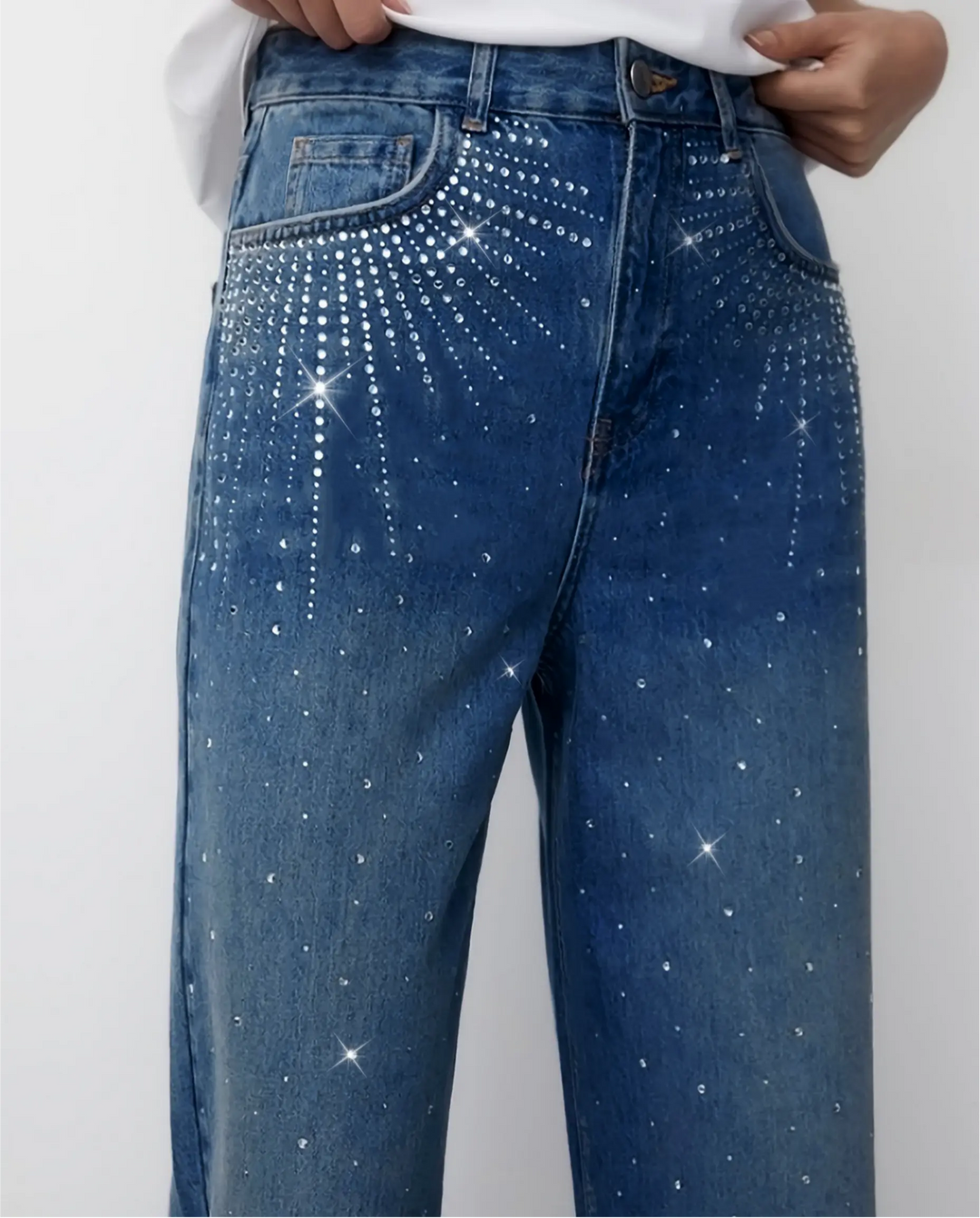 SOLACE  Blue Rhinestone High Waist Straight Leg Long Jeans 