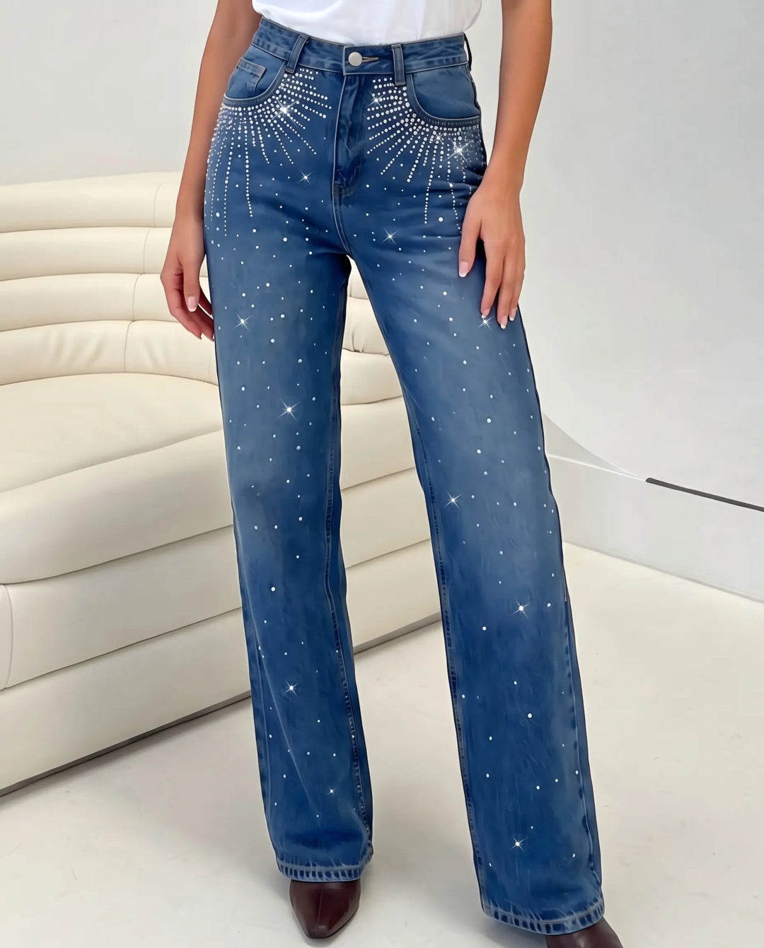 SOLACE  Blue Rhinestone High Waist Straight Leg Long Jeans 