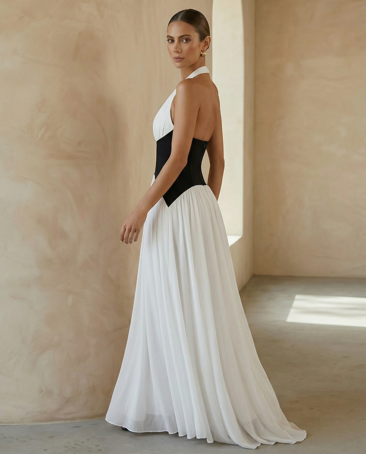 SOLACE  Colorblock Halter Deep V Neck Backless Flowy Maxi Dress 