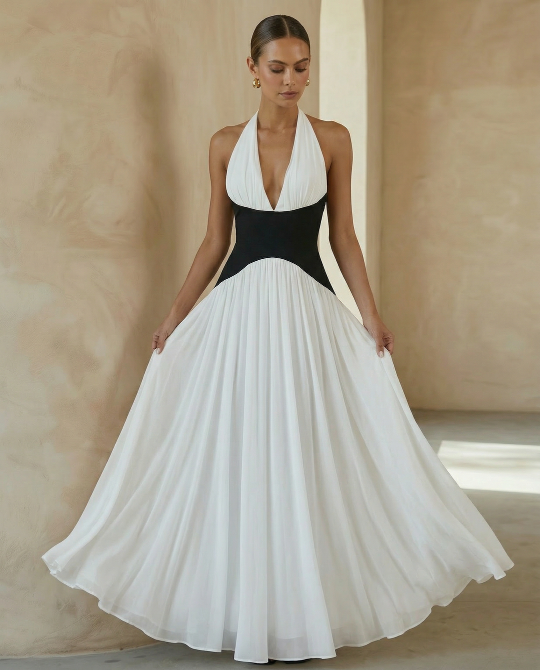 SOLACE  Colorblock Halter Deep V Neck Backless Flowy Maxi Dress 