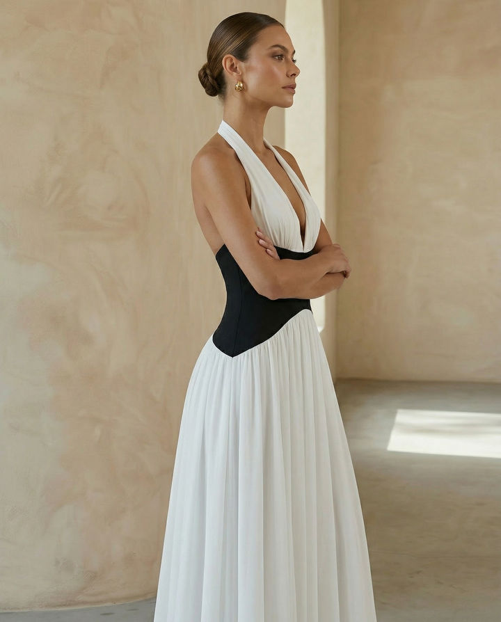 SOLACE  Colorblock Halter Deep V Neck Backless Flowy Maxi Dress 