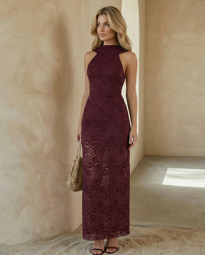SOLACE  Burgundy Lace Cowl Back Halter Neck Backless Maxi Dress 