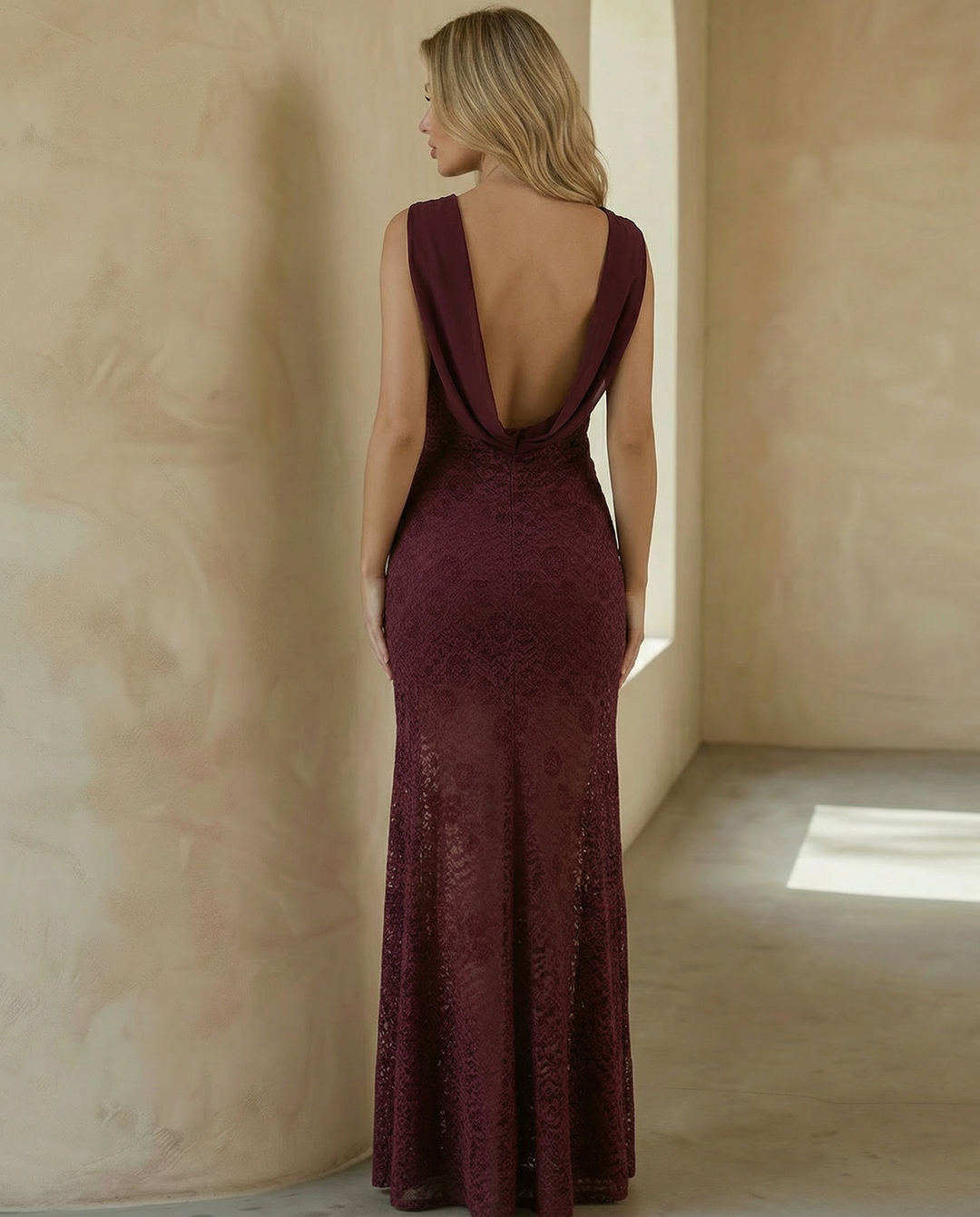 SOLACE  Burgundy Lace Cowl Back Halter Neck Backless Maxi Dress 