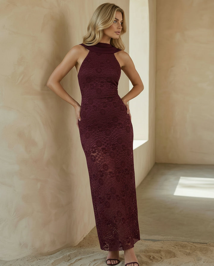 SOLACE  Burgundy Lace Cowl Back Halter Neck Backless Maxi Dress 