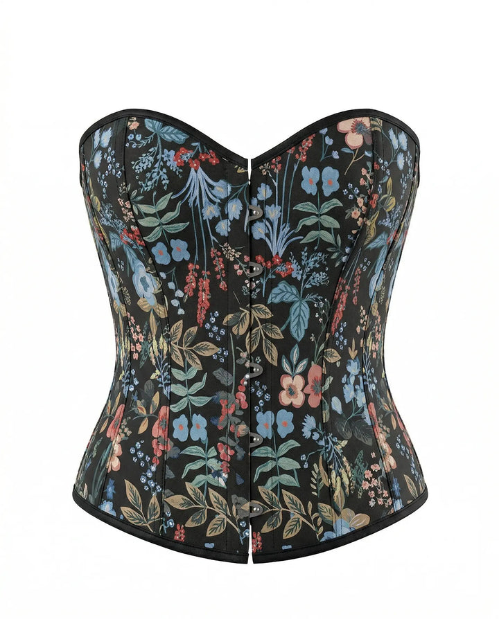 SOLACE  Black Floral Print Strapless Back  Lace-Up Corset Top 