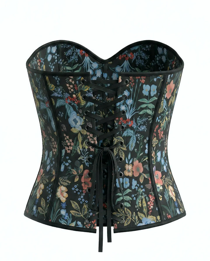 SOLACE  Black Floral Print Strapless Back  Lace-Up Corset Top 