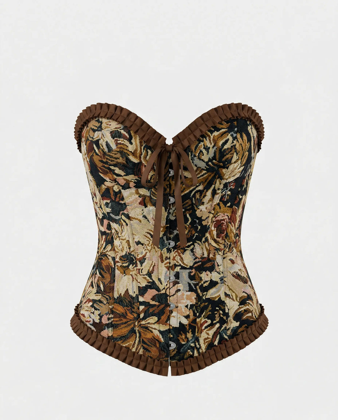 SOLACE  Vintage Floral Print Ruffled Trim Strapless Corset Top 