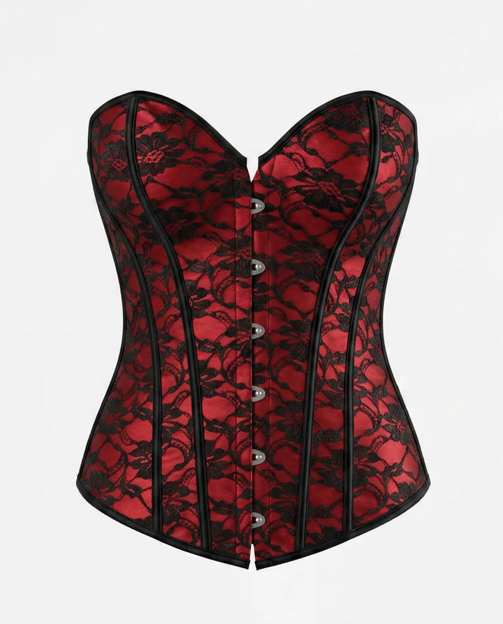 SOLACE  Red Floral Lace Overlay Back Lace-Up Corset Top 
