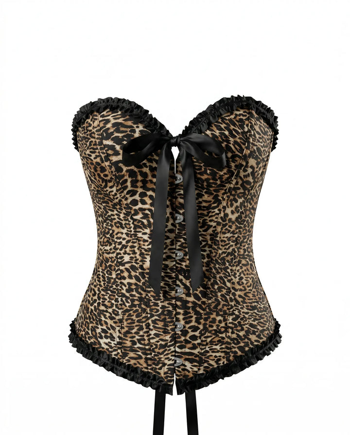 SOLACE  Leopard Print Ruffled Trim Back Lace-Up Corset Top 