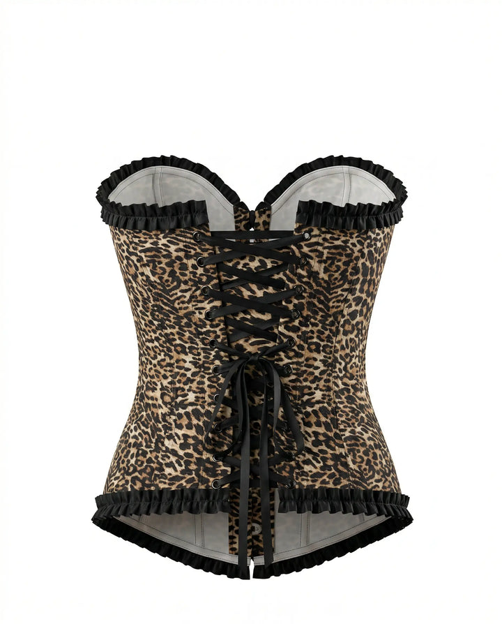 SOLACE  Leopard Print Ruffled Trim Back Lace-Up Corset Top 