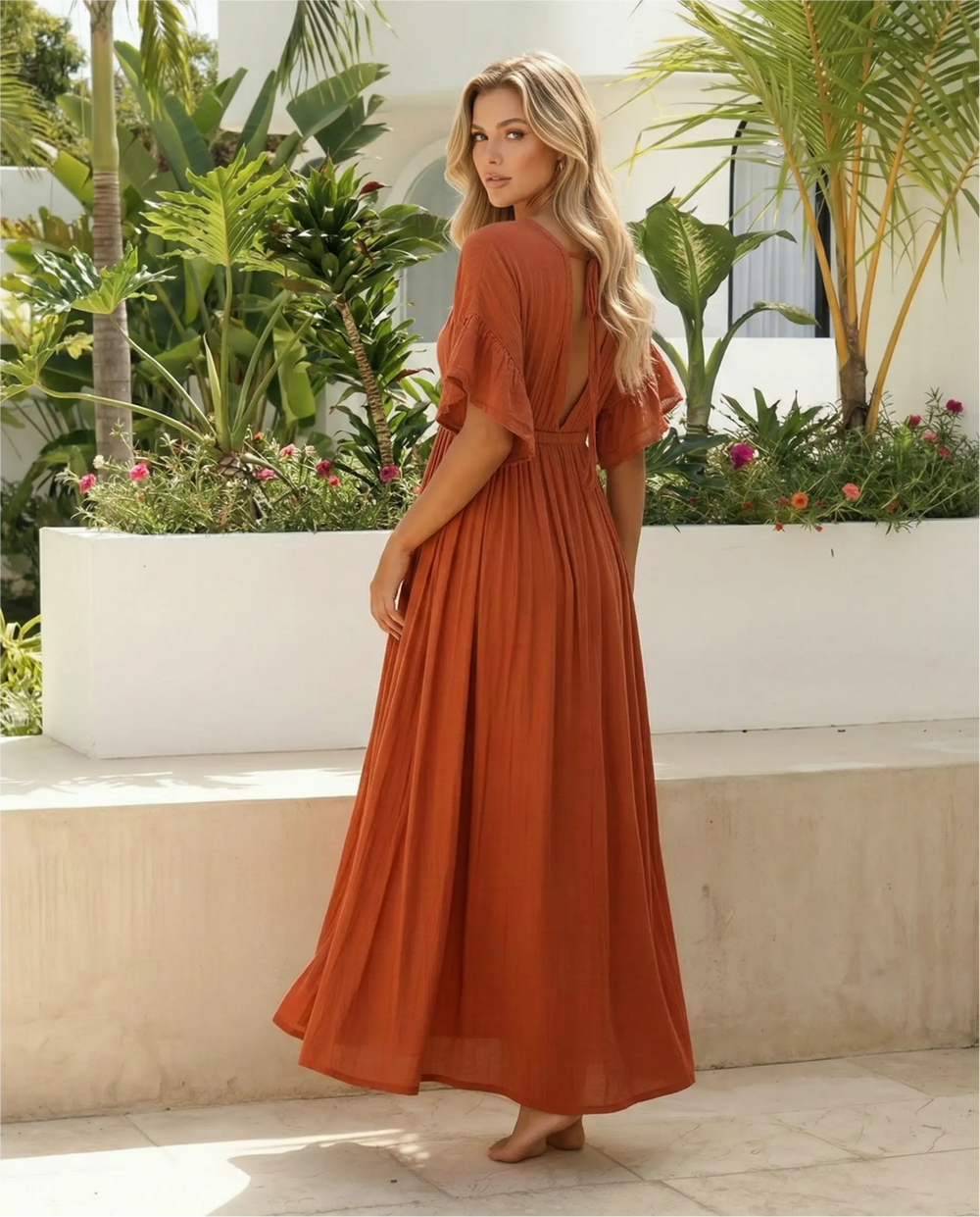 SOLACE  Rust V Neck Ruffle Sleeve Maxi Cover Up Dress 