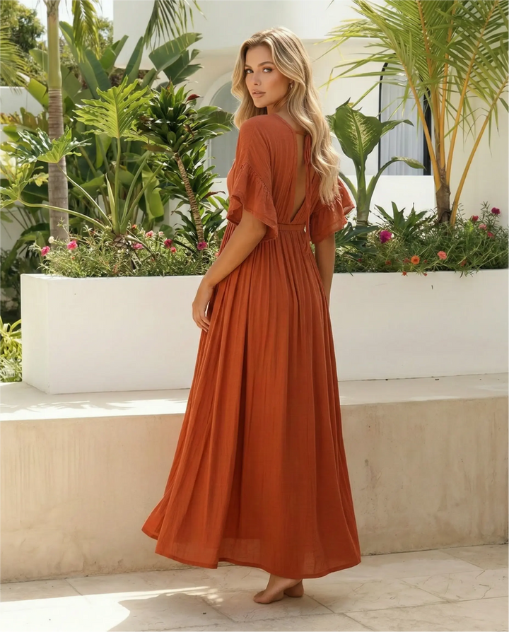SOLACE  Rust V Neck Ruffle Sleeve Maxi Cover Up Dress 