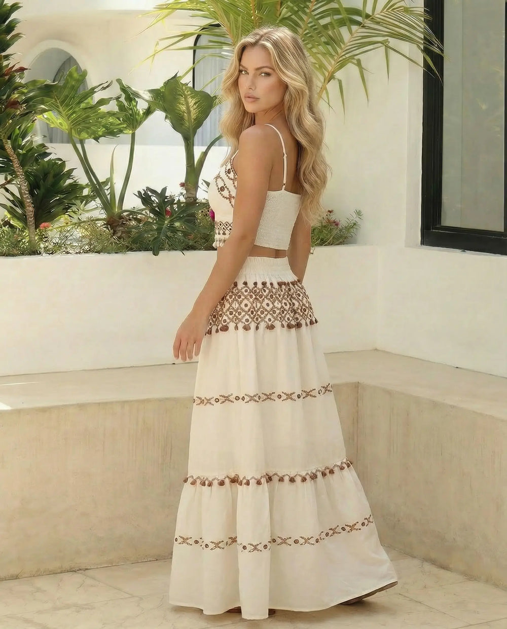SOLACE  White Embroidered Spaghetti Strap Crop Top Maxi Skirt Set 