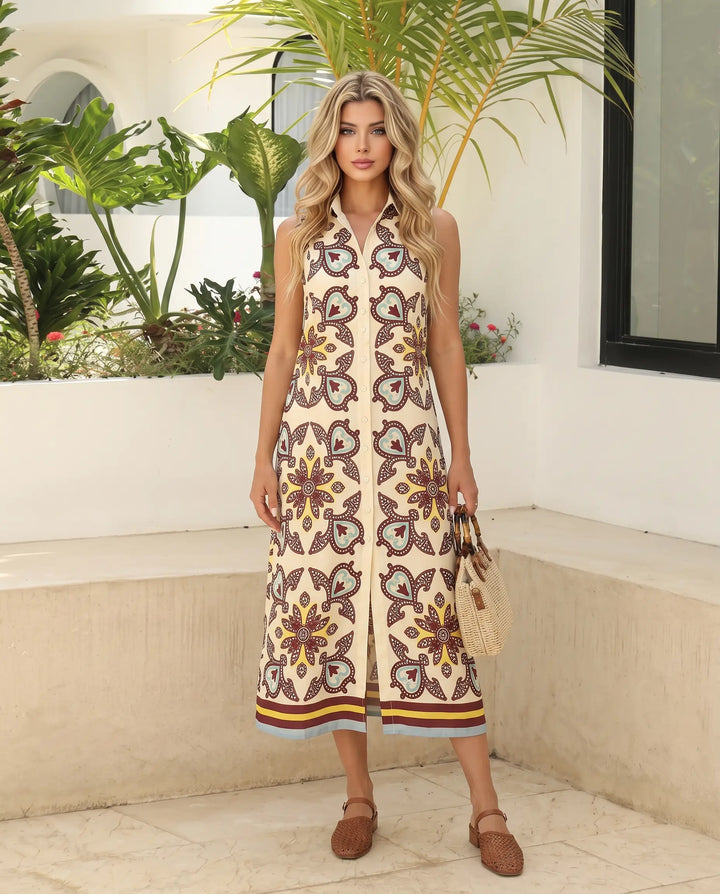SOLACE  Floral Print Sleeveless Button-Front Shirt Style Midi Dress 