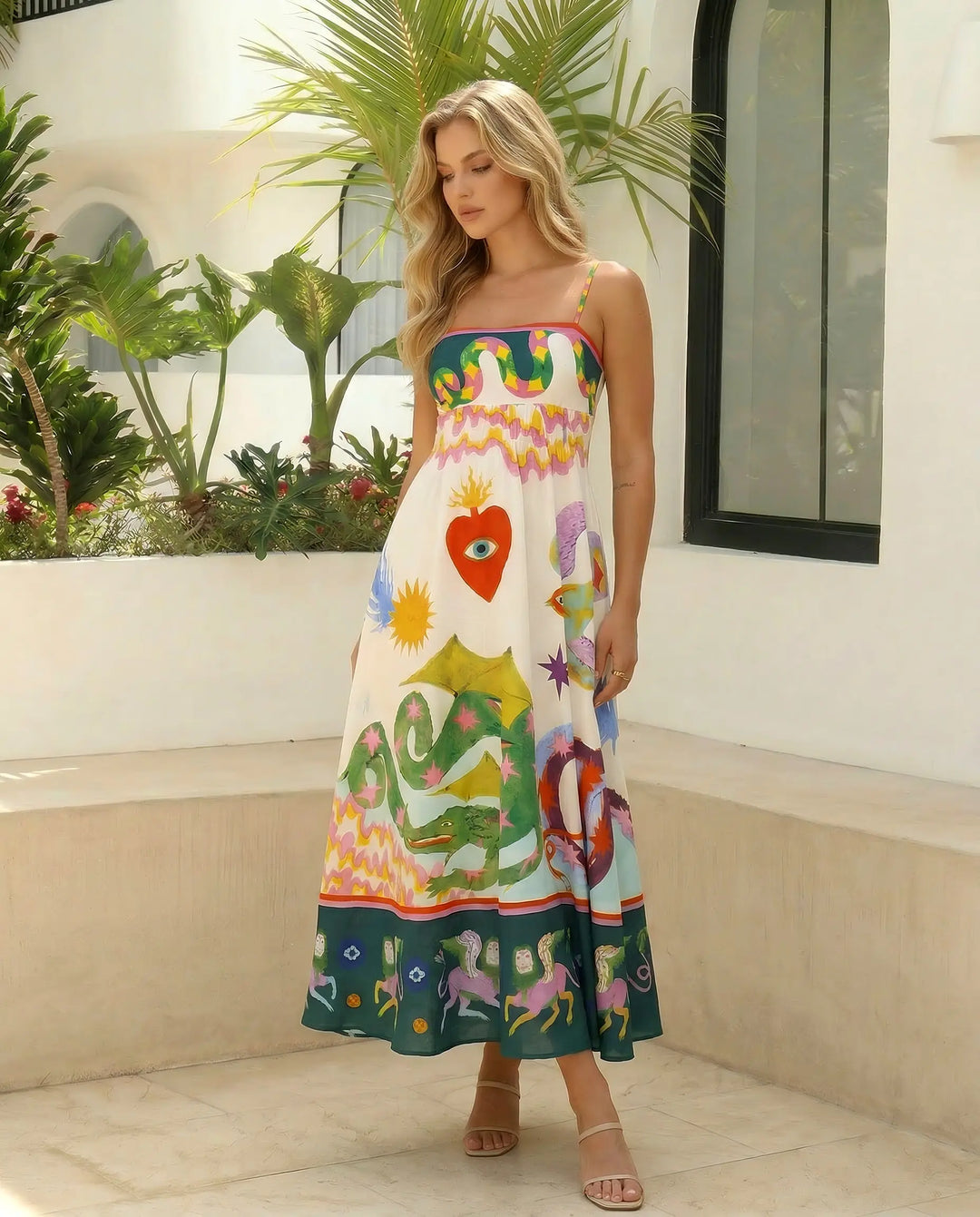 SOLACE  Light Blue Print Spaghetti Strap Maxi Dress 