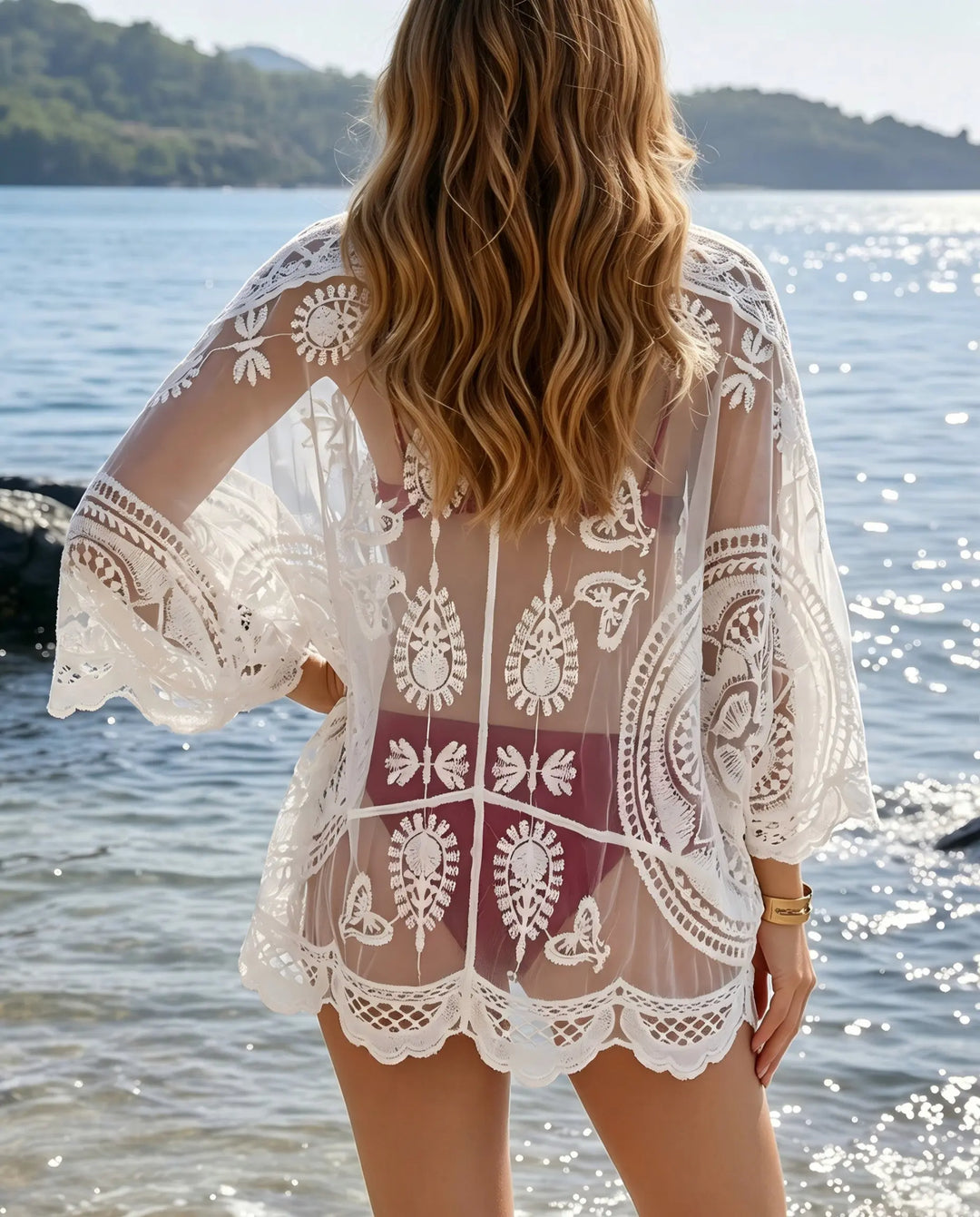 SOLACE  White Geometric Lace V-Neck Batwing Sleeve Tie-Front Short Cover Up 