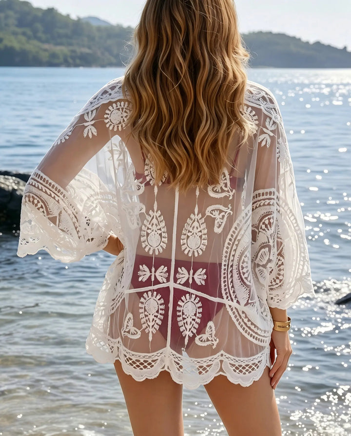 SOLACE  White Geometric Lace V-Neck Batwing Sleeve Tie-Front Short Cover Up 