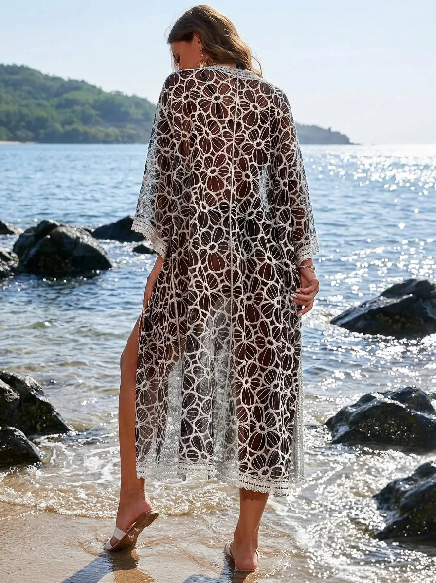 SOLACE  Black Floral Lace V-Neck Half Sleeve Drawstring Waist Long Cover Up 