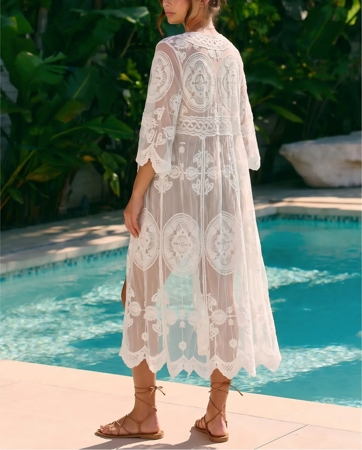 SOLACE  White Floral Lace V-Neck Three-Quarter Sleeve Drawstring Waist Long Cover Up 