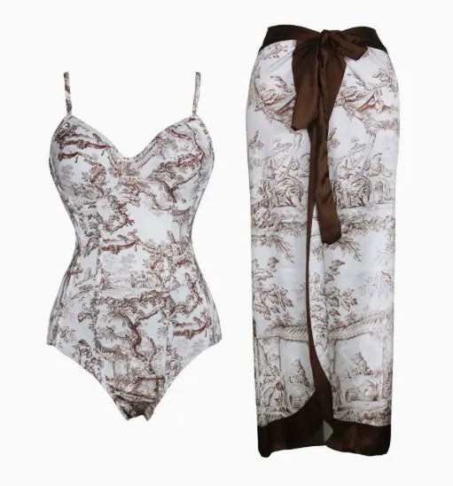 SOLACE  Brown Print Spaghetti Strap One-Piece Swimsuit With Wrap Skirt 