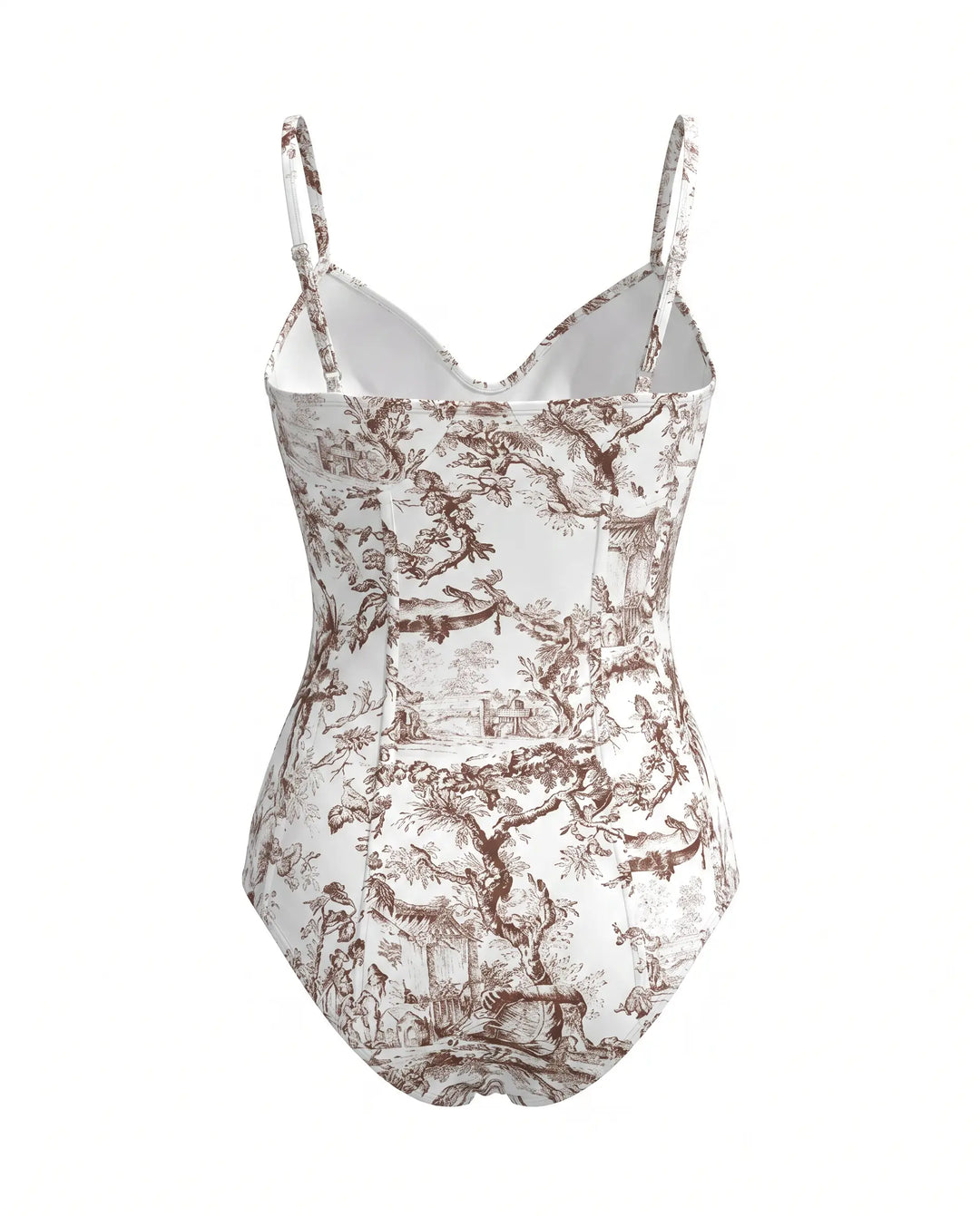 SOLACE  Brown Print Spaghetti Strap One-Piece Swimsuit With Wrap Skirt 
