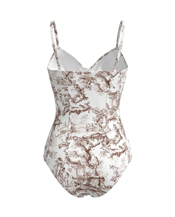 SOLACE  Brown Print Spaghetti Strap One-Piece Swimsuit With Wrap Skirt 