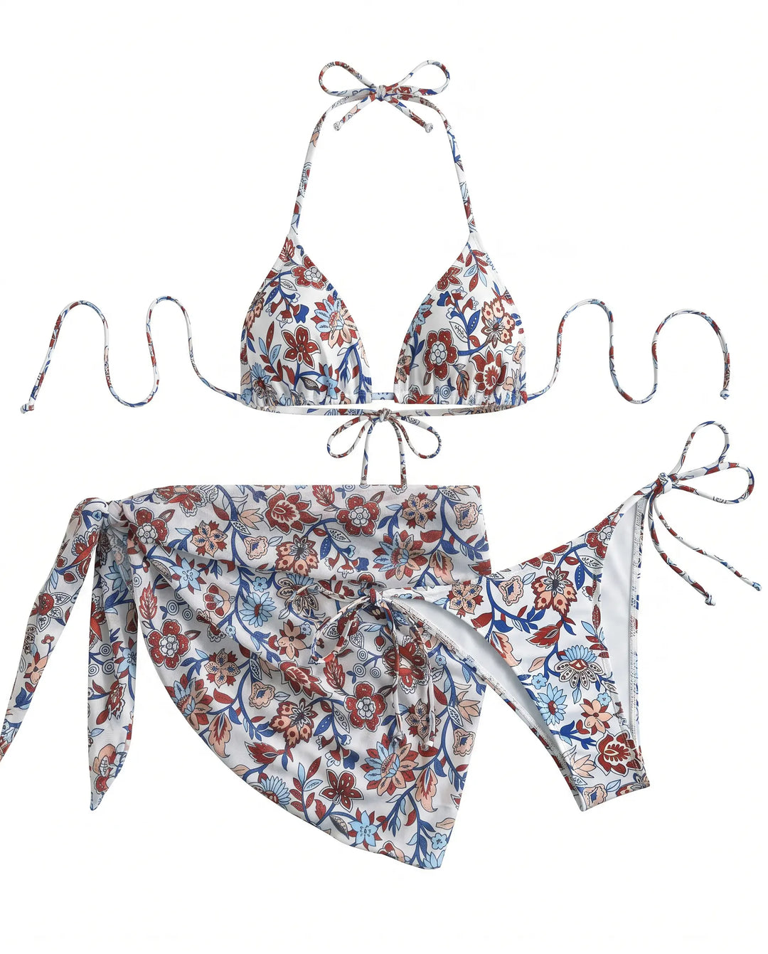 SOLACE  Floral Print Halter Bikini Set With Cover Up Skirt 