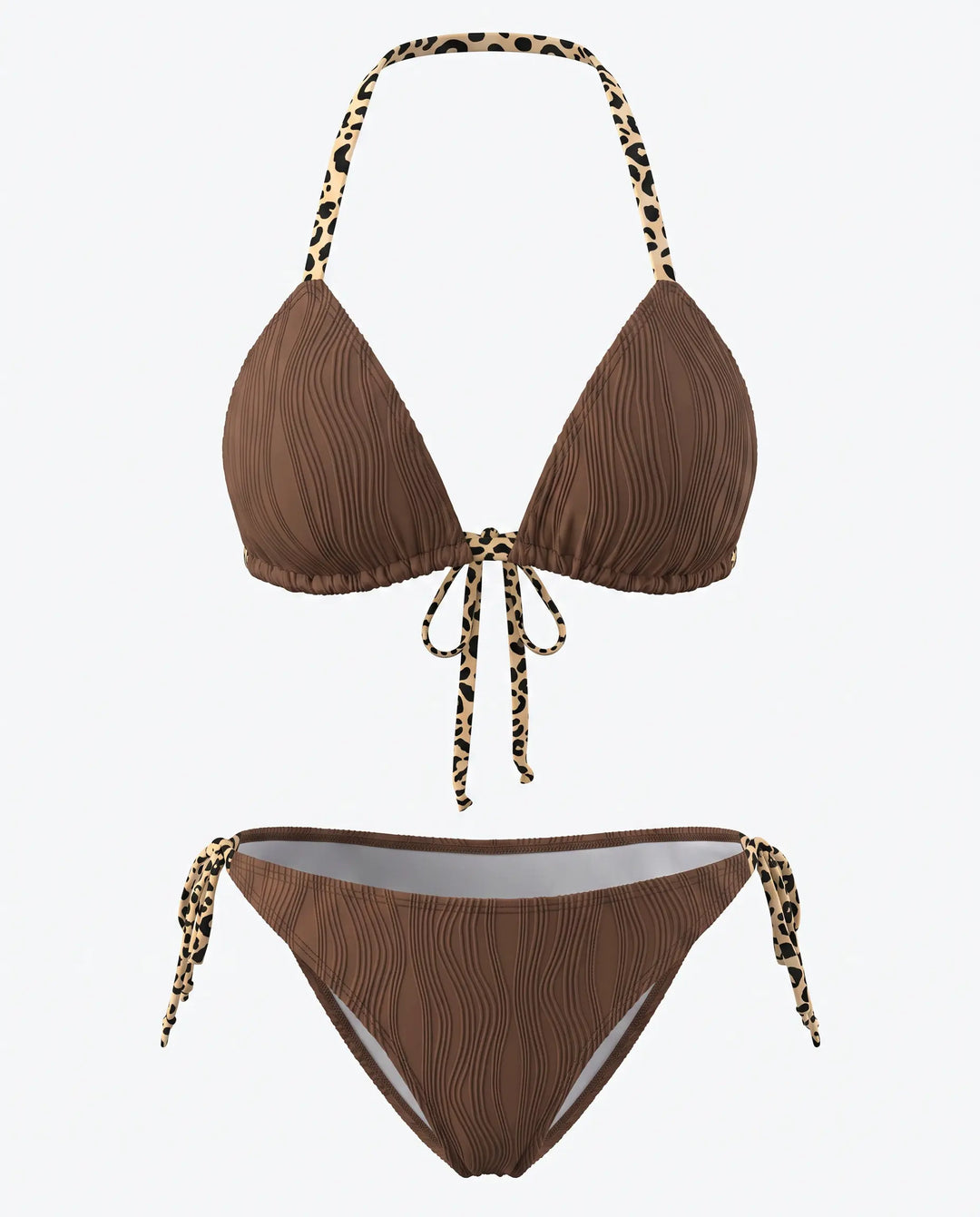 SOLACE  Brown Leopard Trim Halter Side Tie Bikini Set 