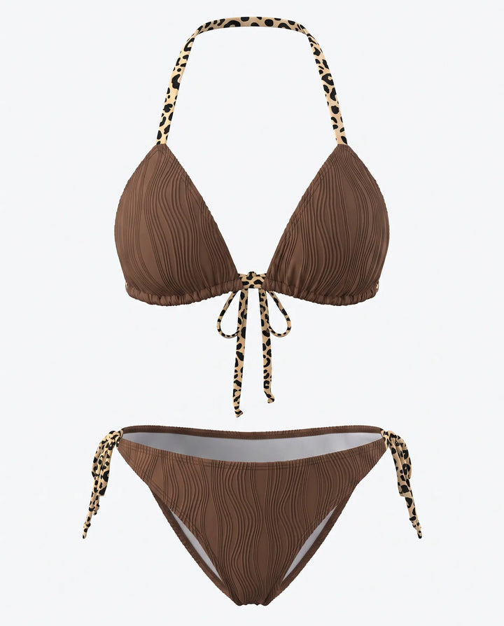 SOLACE  Brown Leopard Trim Halter Side Tie Bikini Set 