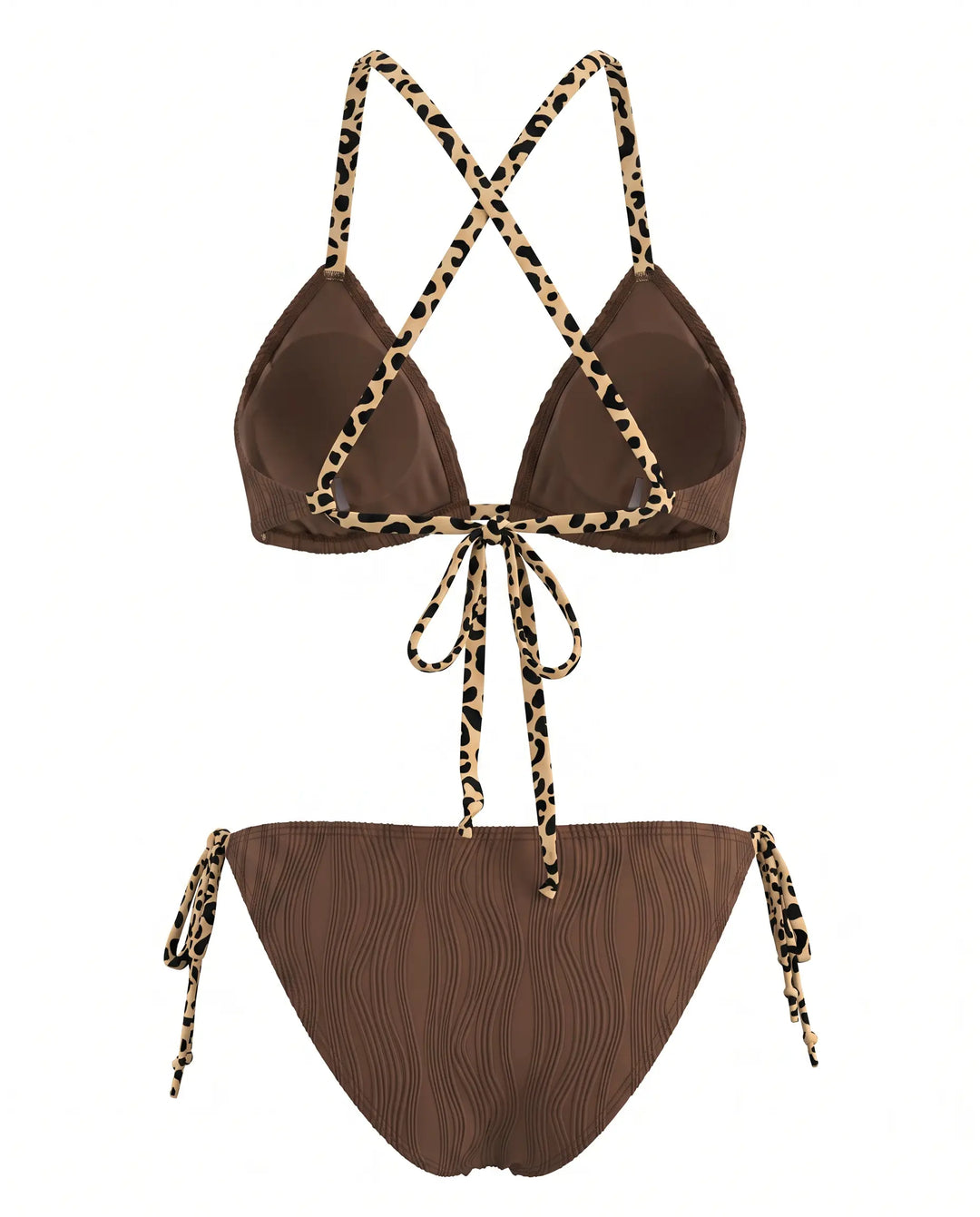 SOLACE  Brown Leopard Trim Halter Side Tie Bikini Set 