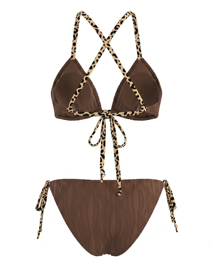 SOLACE  Brown Leopard Trim Halter Side Tie Bikini Set 