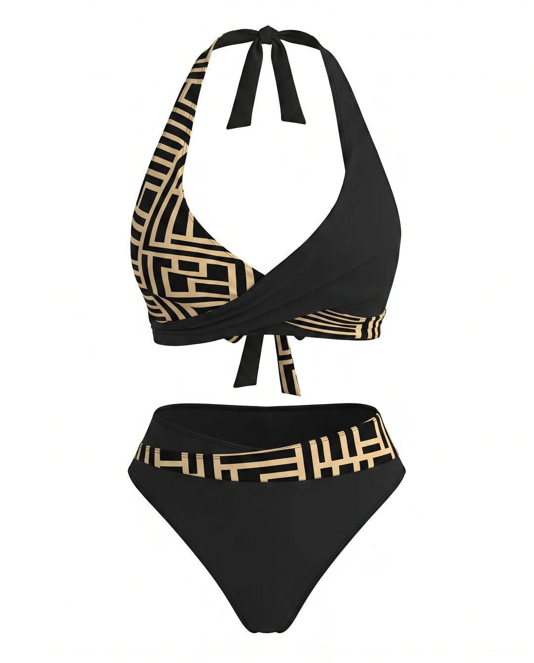 SOLACE  Black Geometric Print Halter High Waist Bikini Set 