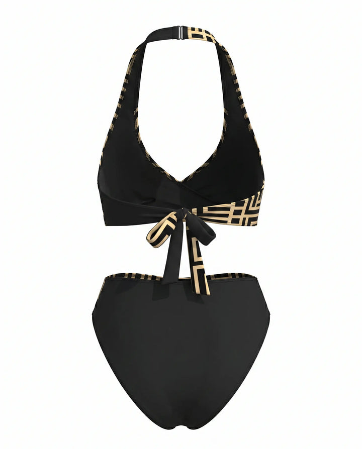 SOLACE  Black Geometric Print Halter High Waist Bikini Set 