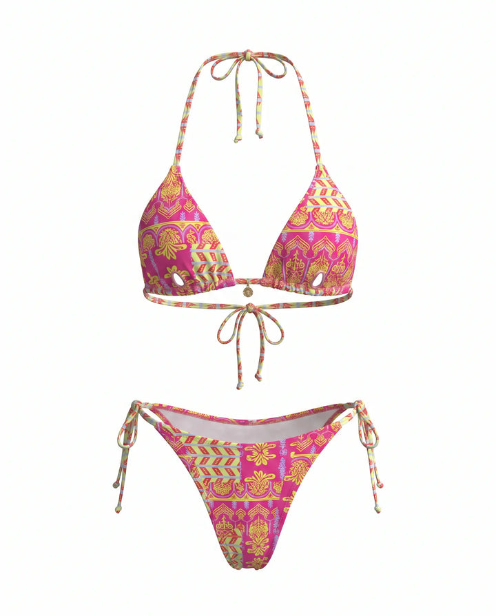 SOLACE  Pink Abstract Print Halter Triangle Bikini Set 