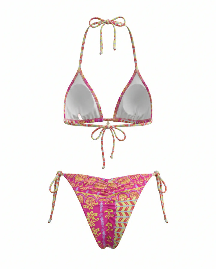 SOLACE  Pink Abstract Print Halter Triangle Bikini Set 