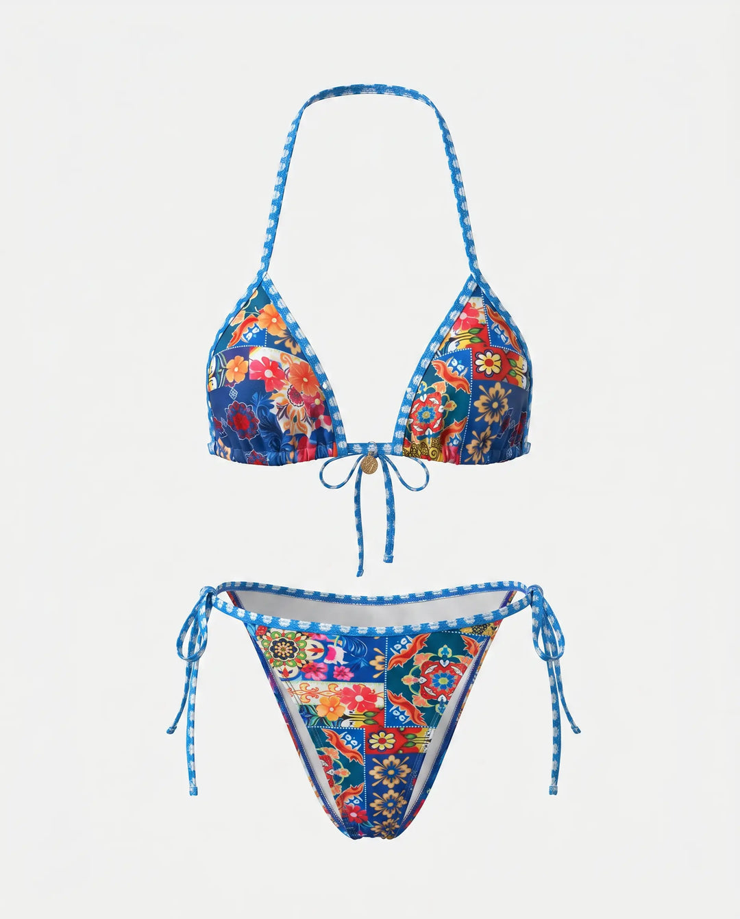 SOLACE  Blue Floral Print Halter Triangle Bikini Set 