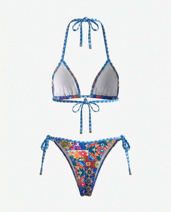 SOLACE  Blue Floral Print Halter Triangle Bikini Set 