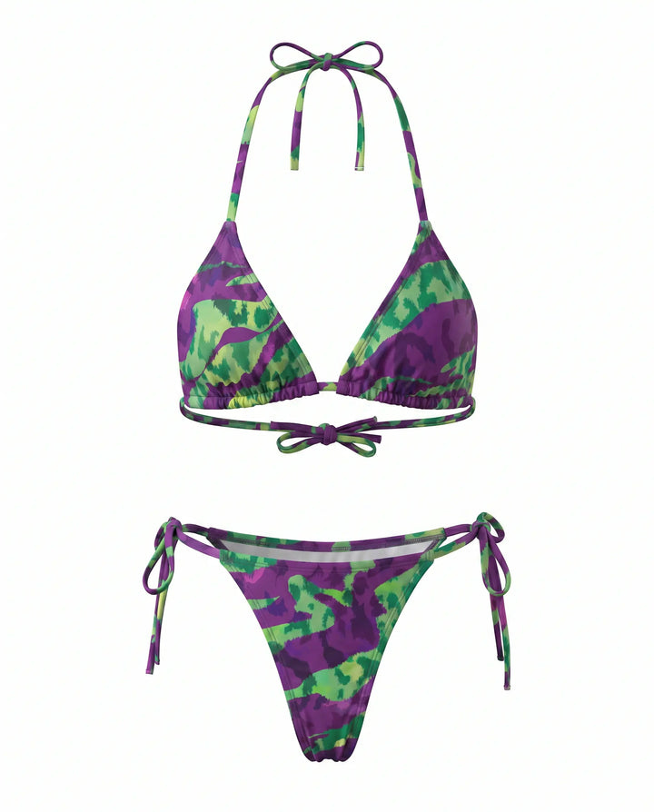 SOLACE  Purple Abstract Print Halter Triangle Bikini Set 