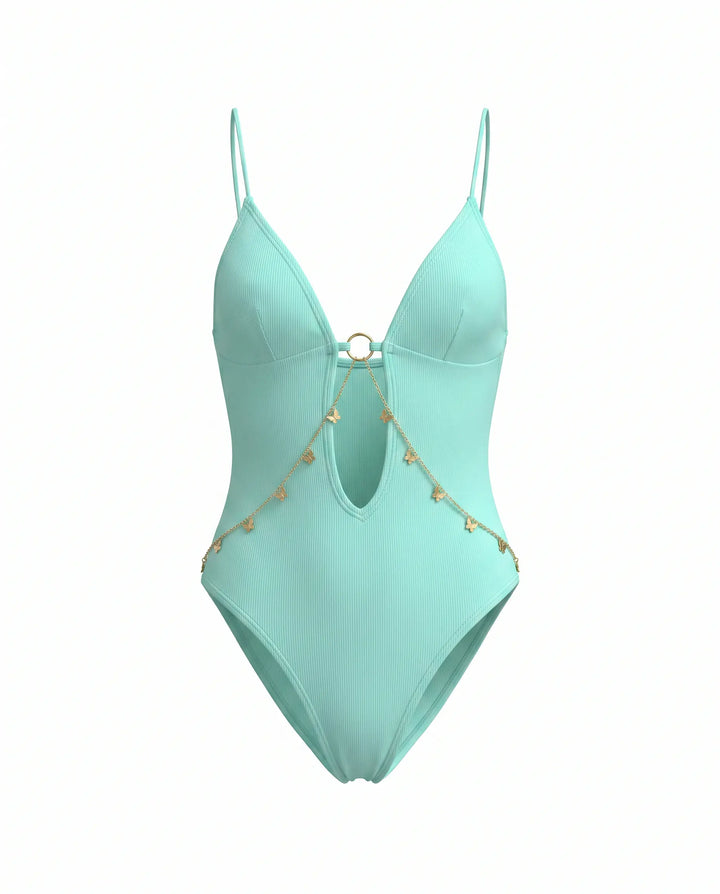 SOLACE  Mint Green Chain Detail One-Piece Swimsuit 