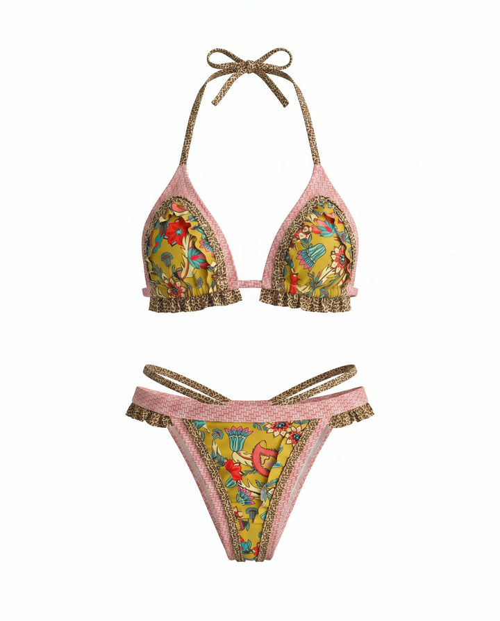 SOLACE  Floral Print Halter Tie Back Bikini Set 
