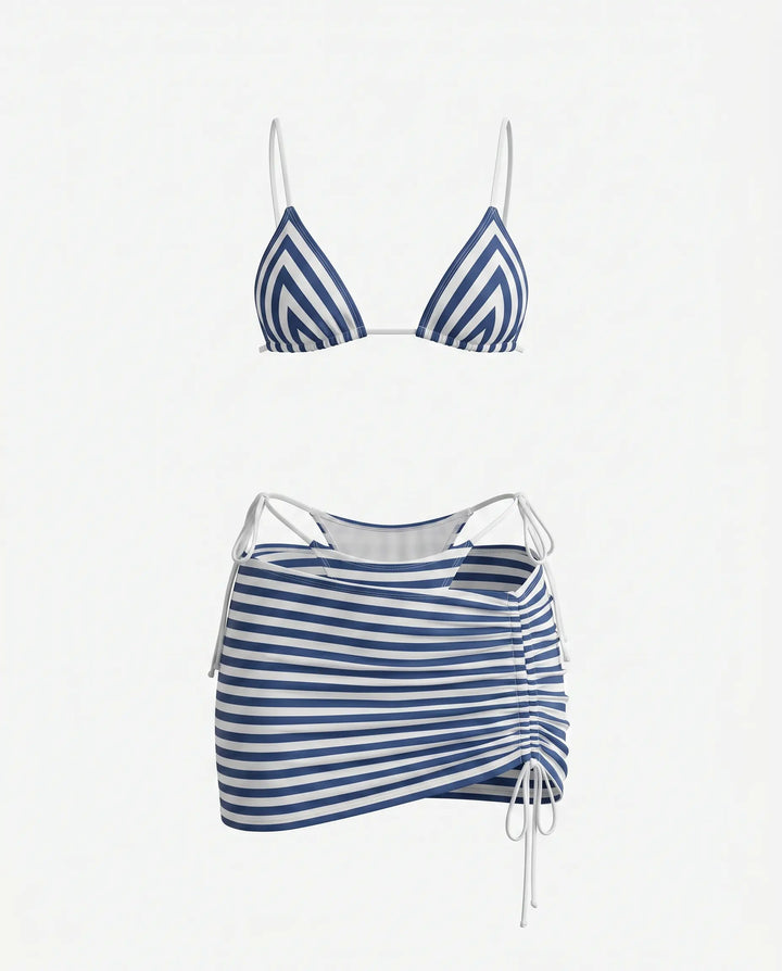 SOLACE  Blue Stripe Triangle Bikini with Skirt Cover-Up Set 