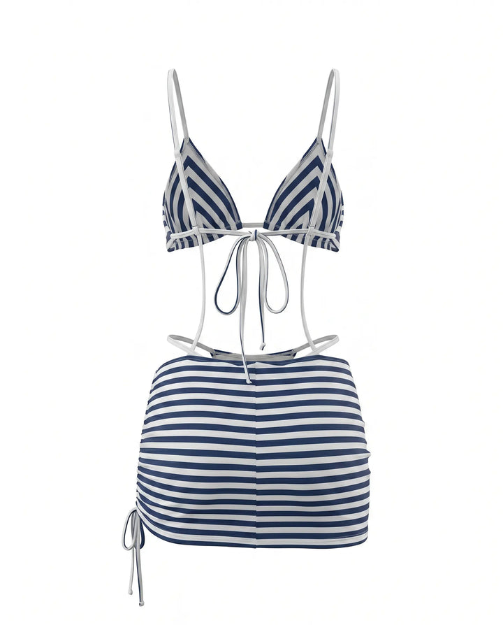 SOLACE  Blue Stripe Triangle Bikini with Skirt Cover-Up Set 